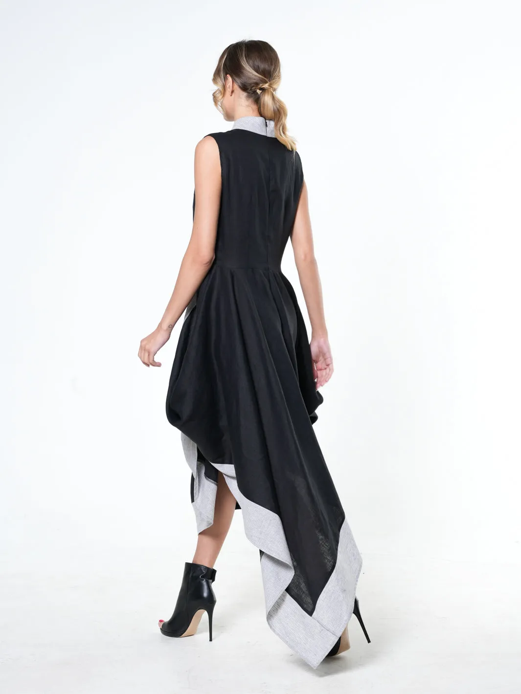 Long Linen Dress In Black and Gray