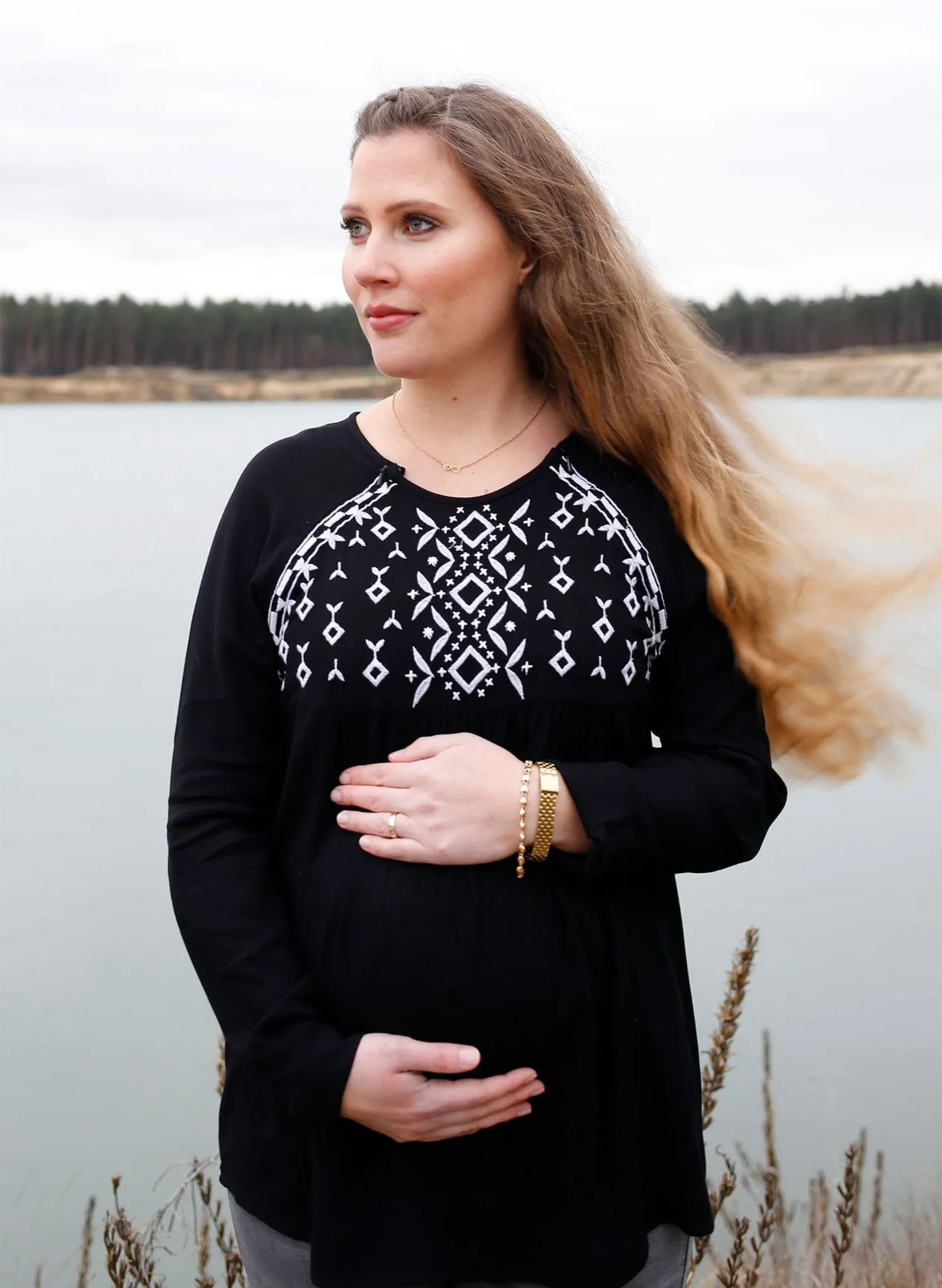 Maternity & Nursing Embroidered Blouse - Black/White