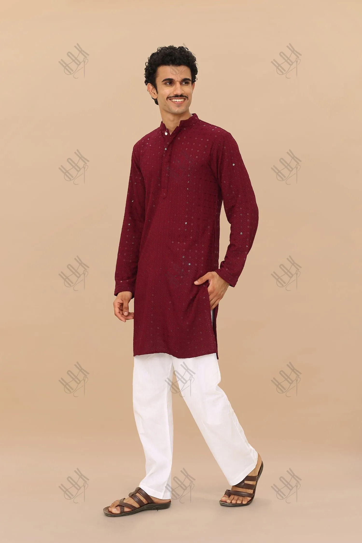 Men's Kurta In  Chikankari Rayon   - Wine