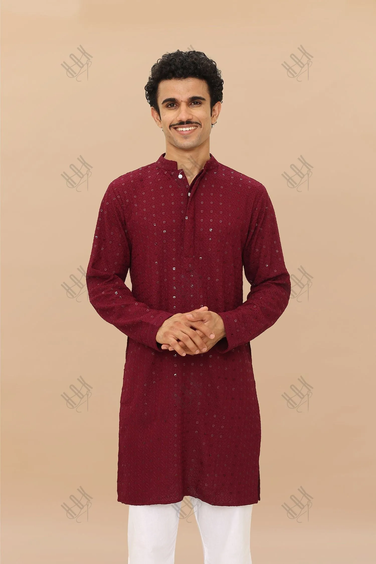 Men's Kurta In  Chikankari Rayon   - Wine