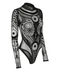 Mesh Gothic Bodysuit - Runic motif