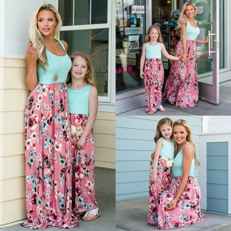 Mother Daughter Matching Floral Long Dresses