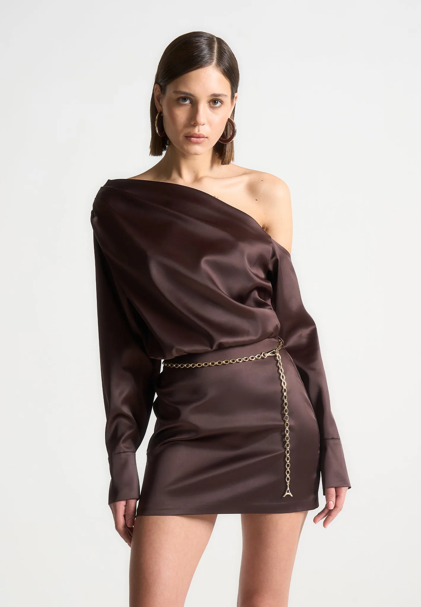 Off Shoulder Draped Satin Mini Dress with Belt - Brown