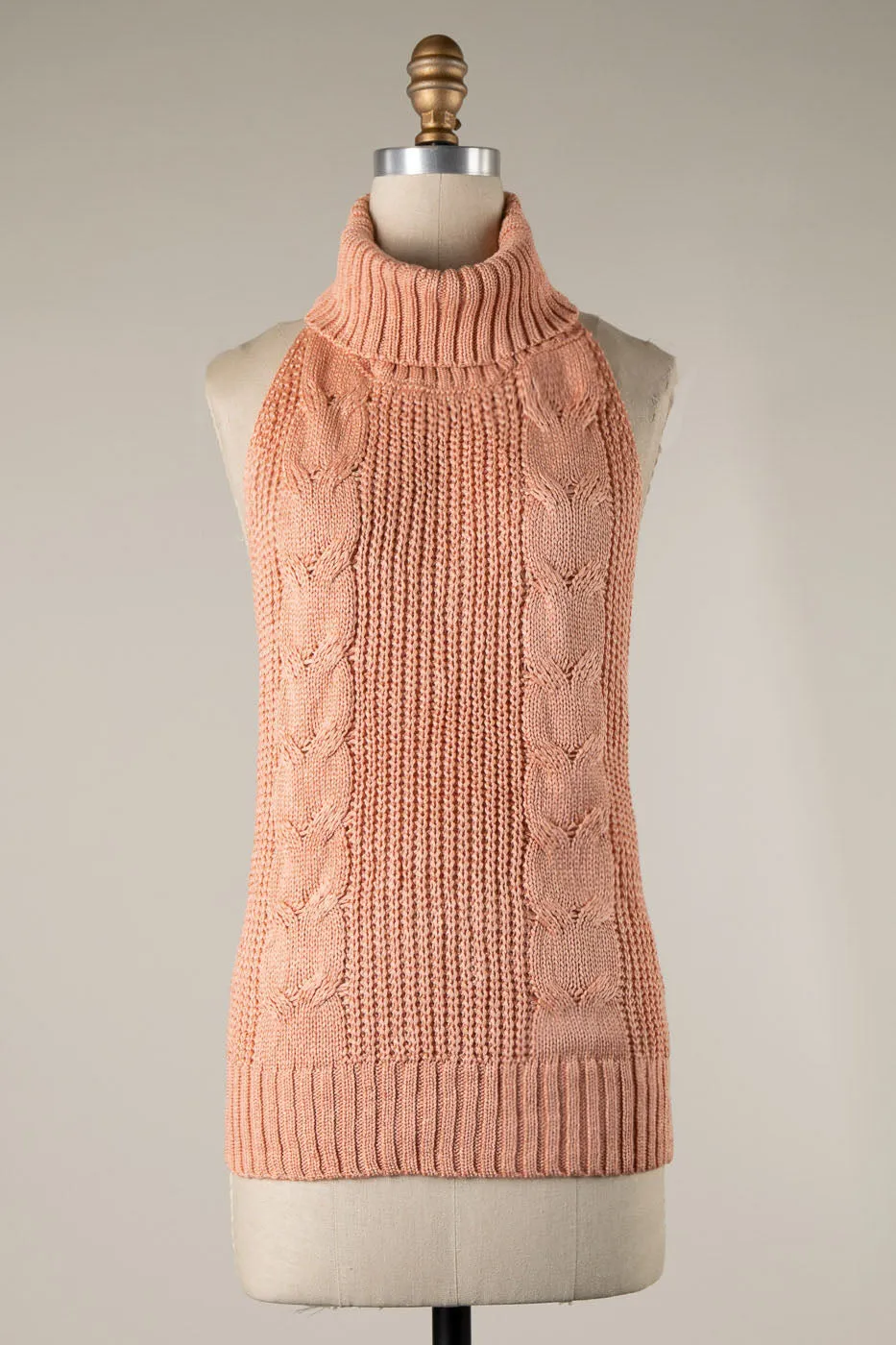 OPEN BACK CABLE KNIT TURTLENECK SLEEVELESS VEST 1 PACK