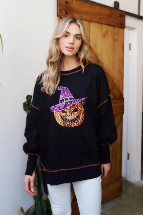 OVERSIZED SEQUIN PUMPKIN PULLOVER | BLACK