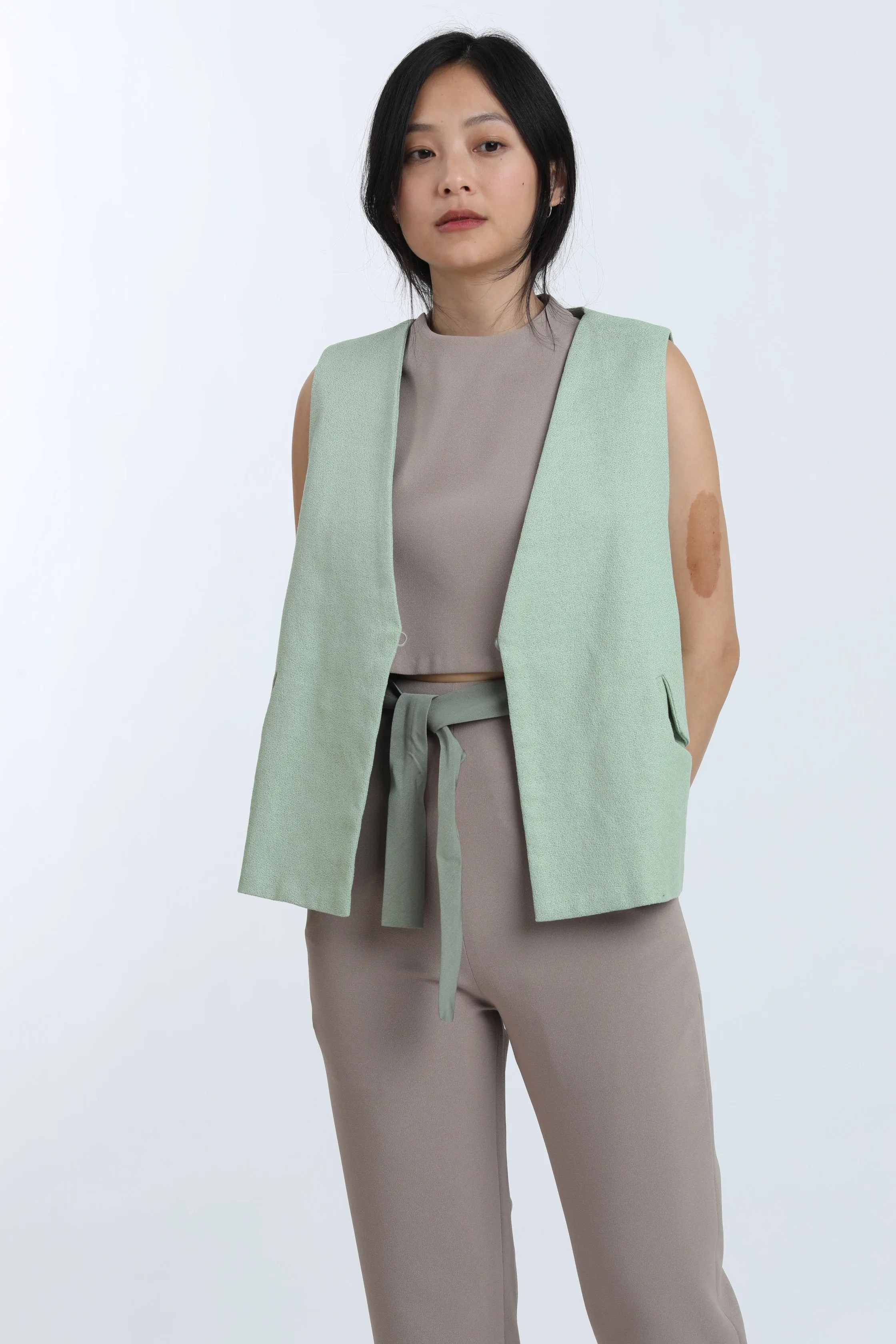 Piece of Vein One-Button Vest w/ Tie in Mint Green