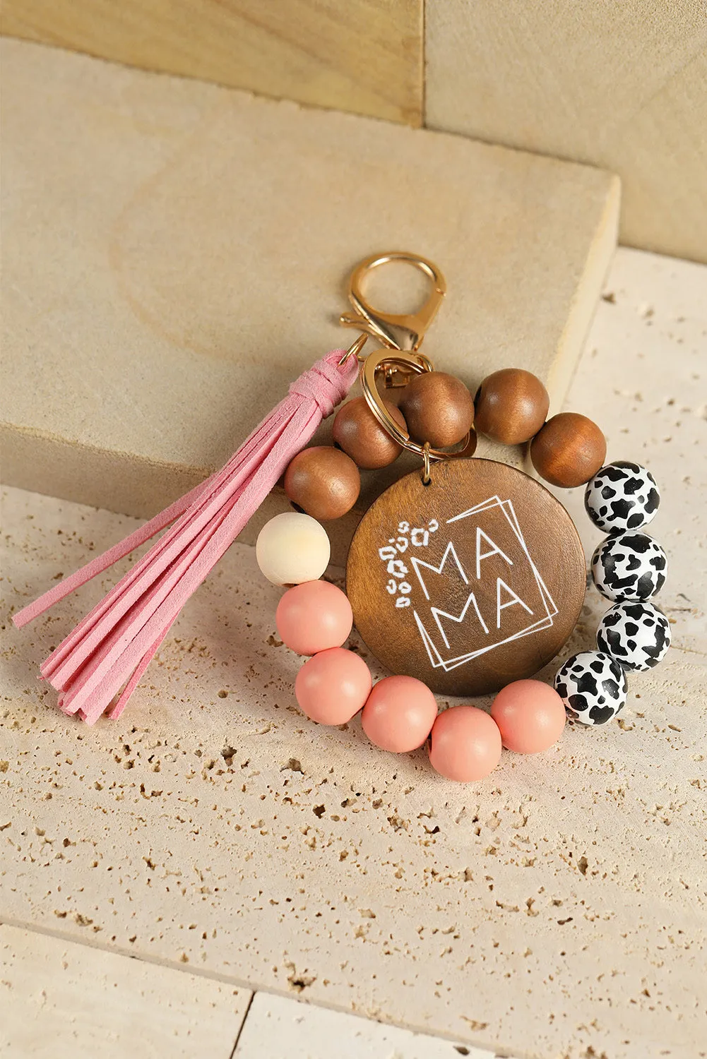 Pink MAMA Wood Pendant Leopard Fringe Keychain