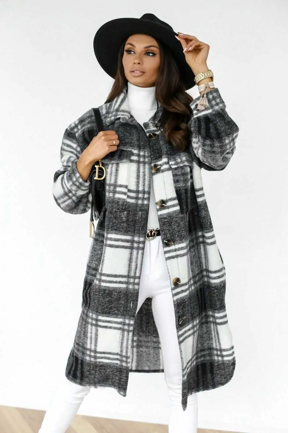 Plaid Woolen Button Trench