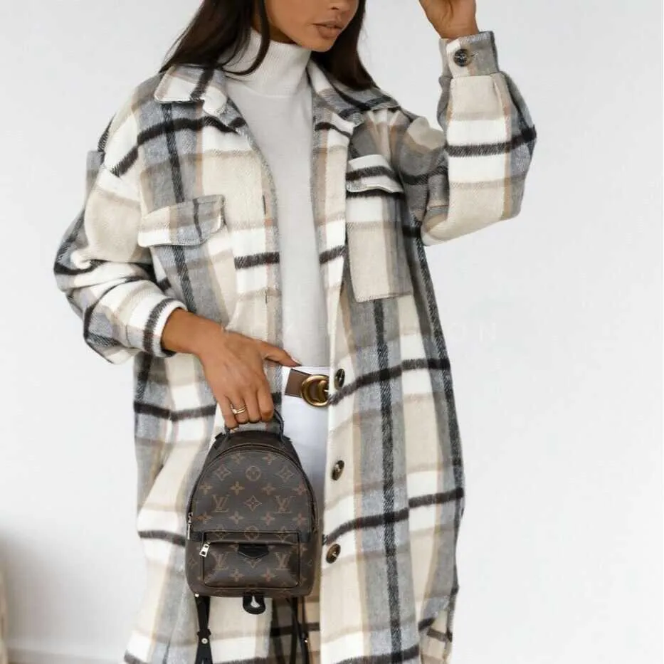 Plaid Woolen Button Trench