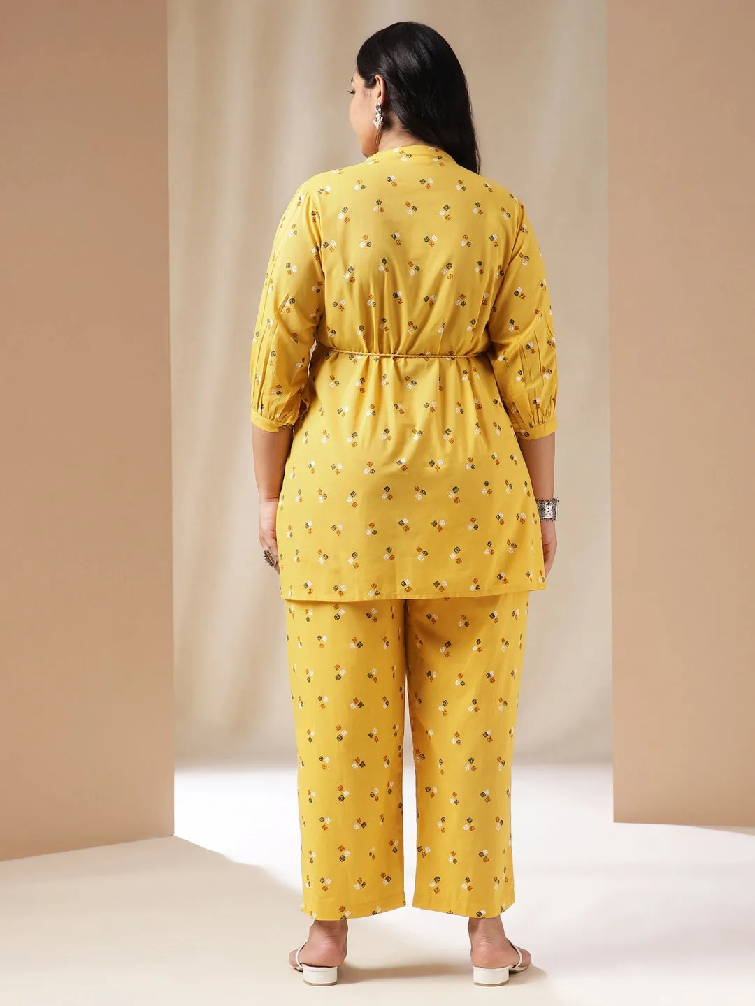 Plus Size Mustard Cotton Bandhani A-Line Co-ord Set