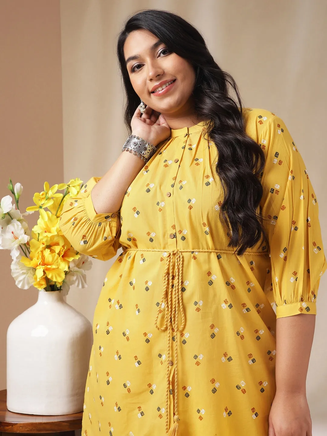 Plus Size Mustard Cotton Bandhani A-Line Co-ord Set