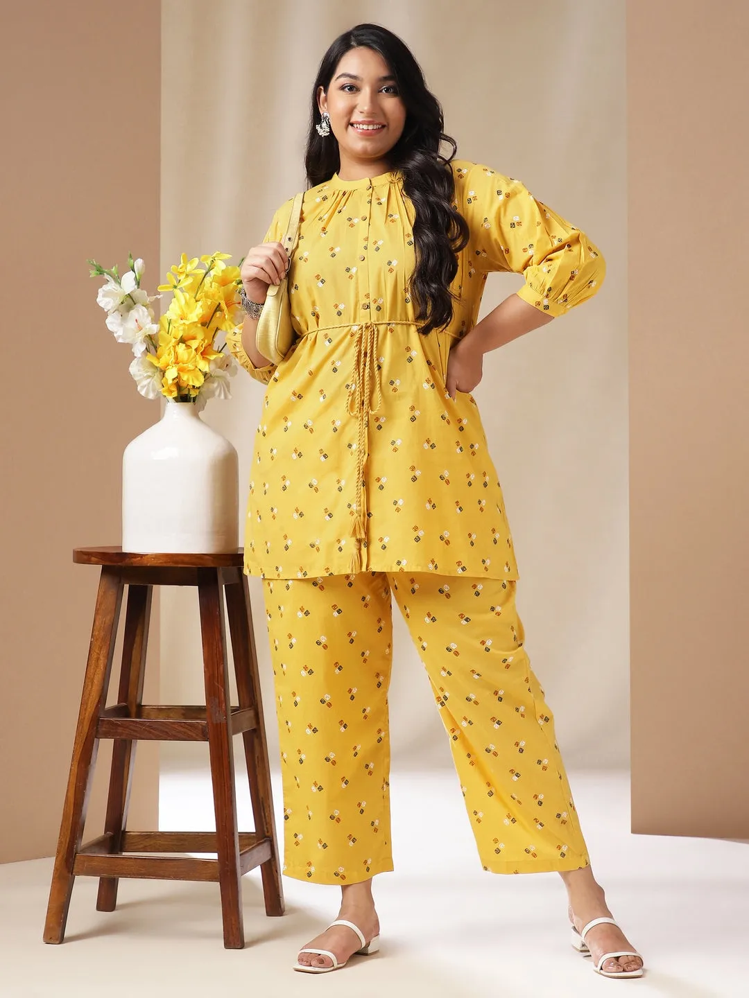 Plus Size Mustard Cotton Bandhani A-Line Co-ord Set