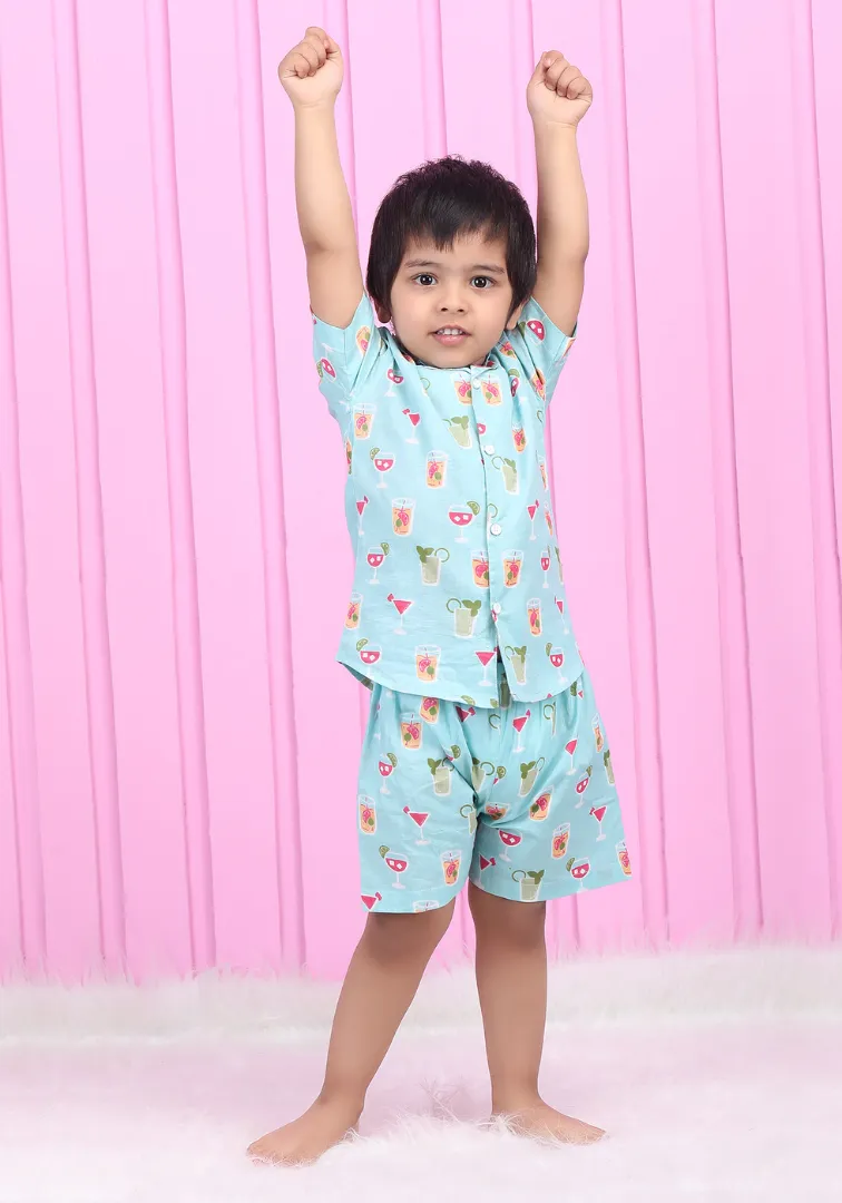 Polka Tots Half Sleeves Juice print Co-ord Shorts - Blue