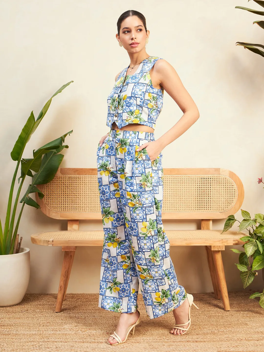 Printed Linen 2 Piece Vest and Pants Set