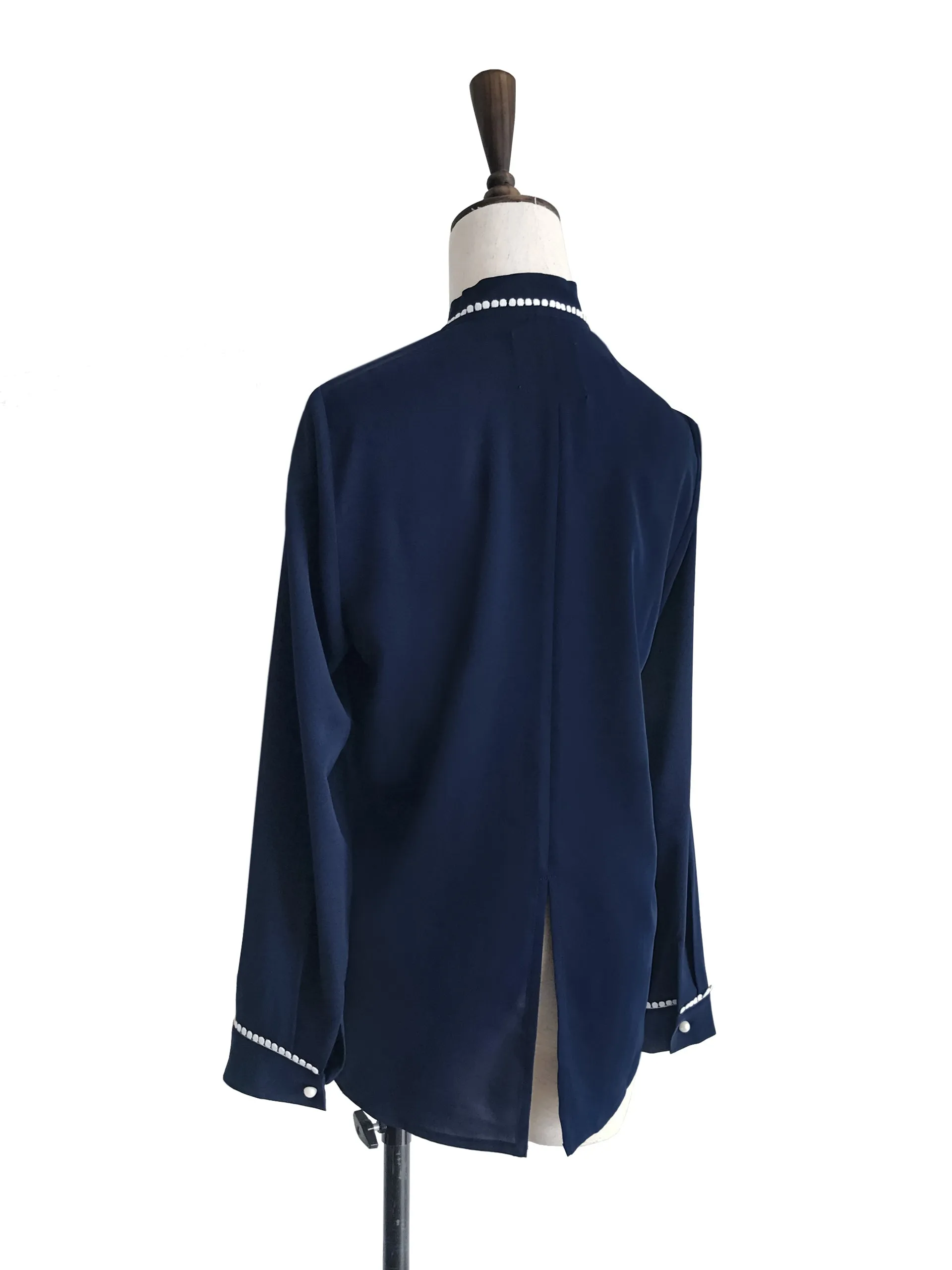 Restock! Navy Loose Fit Lace Trim Silk Blouse