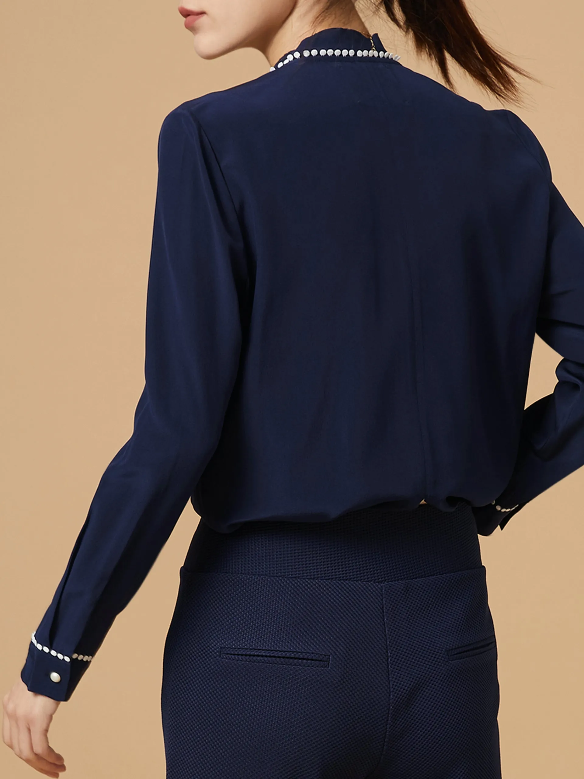 Restock! Navy Loose Fit Lace Trim Silk Blouse