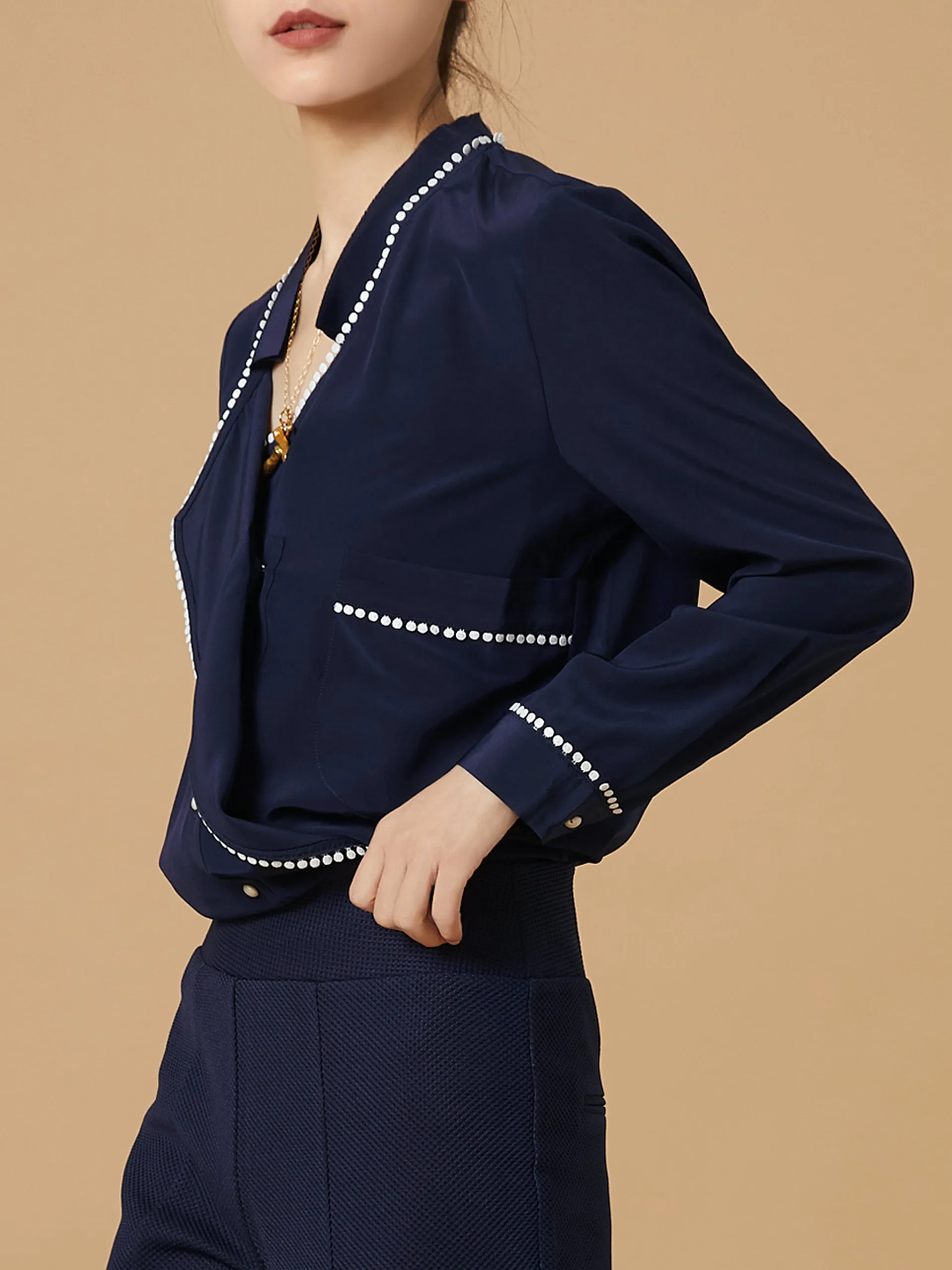 Restock! Navy Loose Fit Lace Trim Silk Blouse