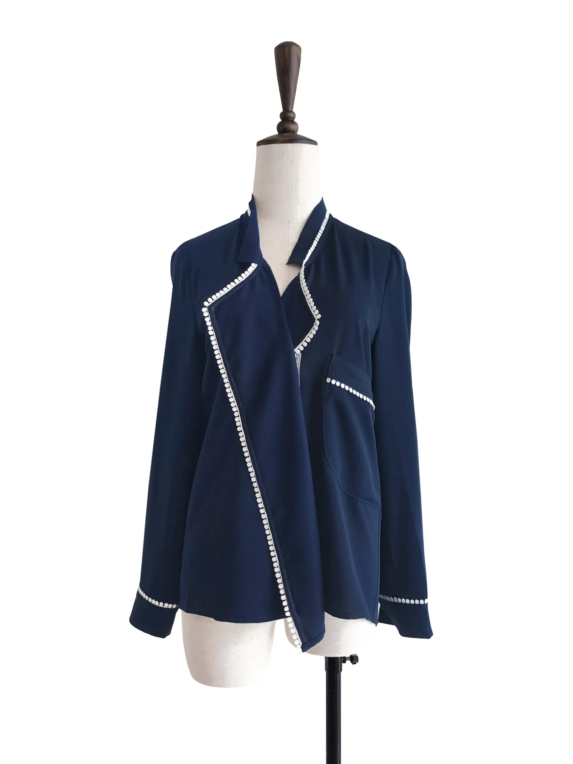 Restock! Navy Loose Fit Lace Trim Silk Blouse