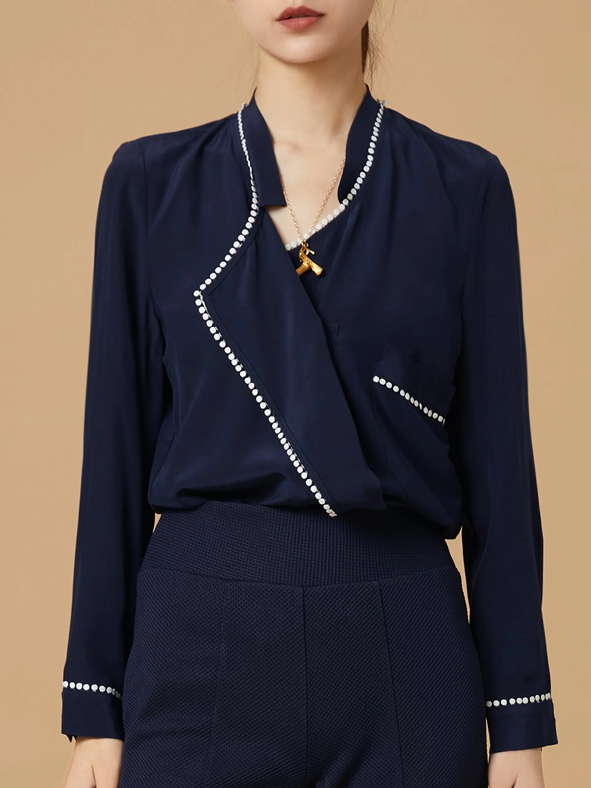 Restock! Navy Loose Fit Lace Trim Silk Blouse