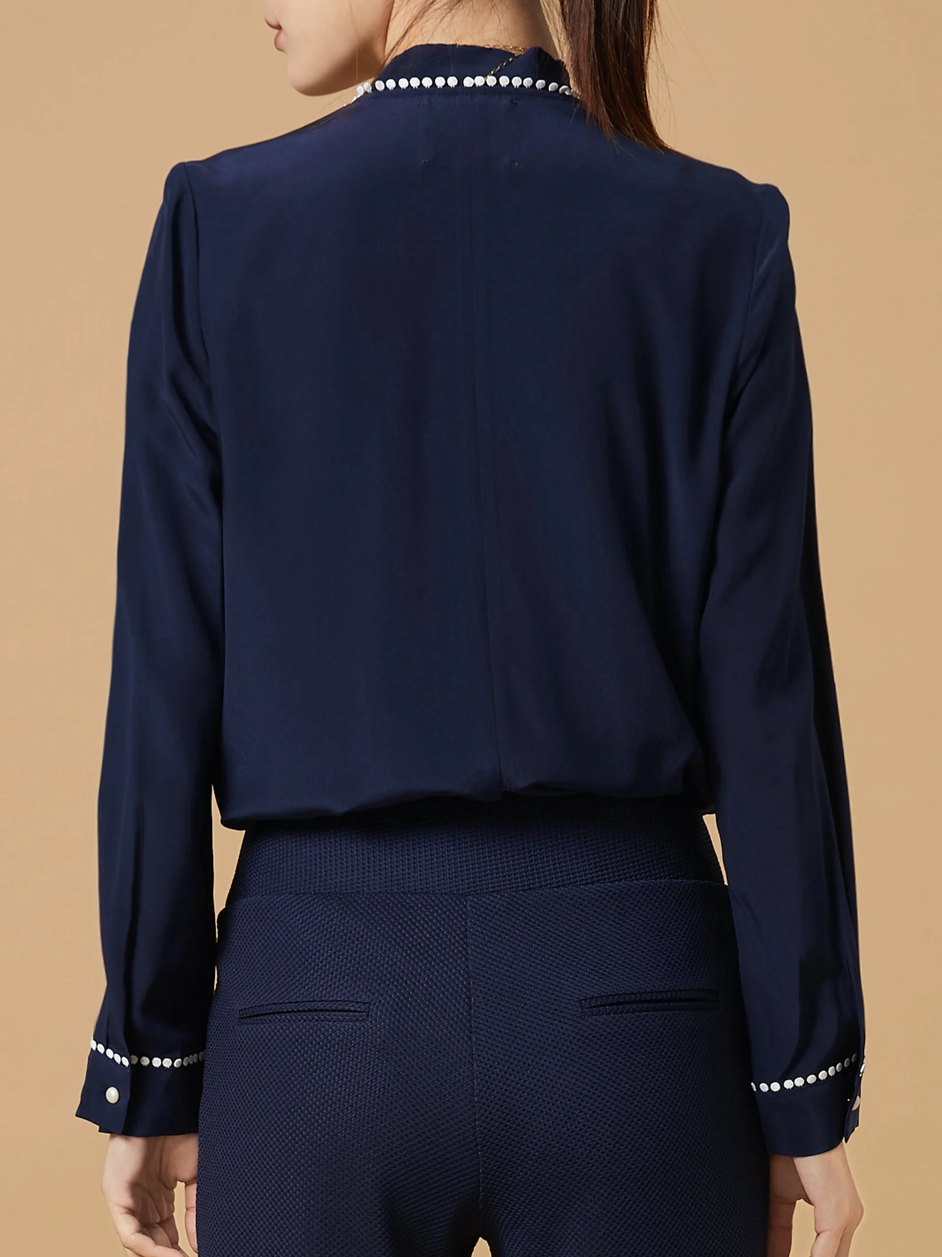 Restock! Navy Loose Fit Lace Trim Silk Blouse