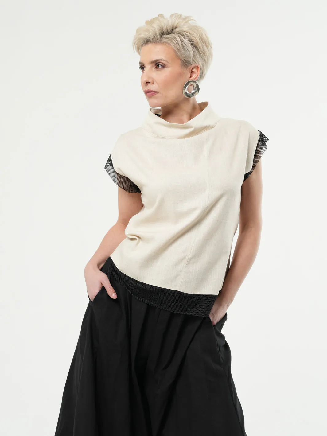 Turtleneck Linen Top In Beige