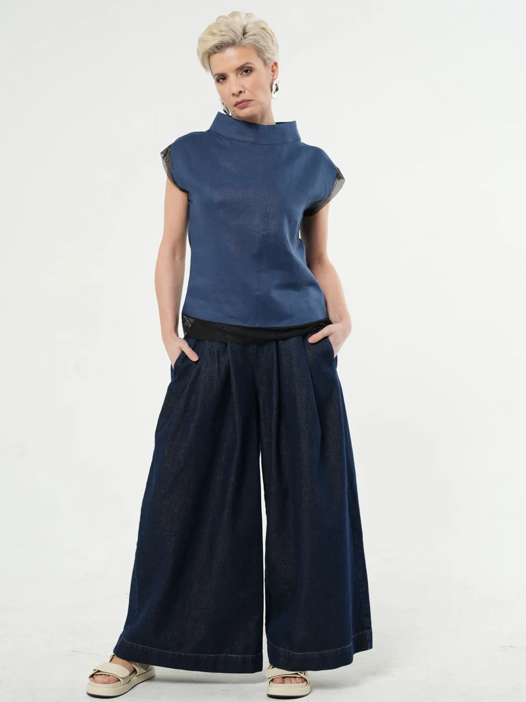 Turtleneck Linen Top In Blue