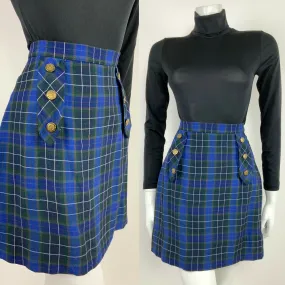 VINTAGE 60s 70s BLUE GREEN WHITE TARTAN PLAID NAUTICAL A-LINE SHORT SKIRT 10