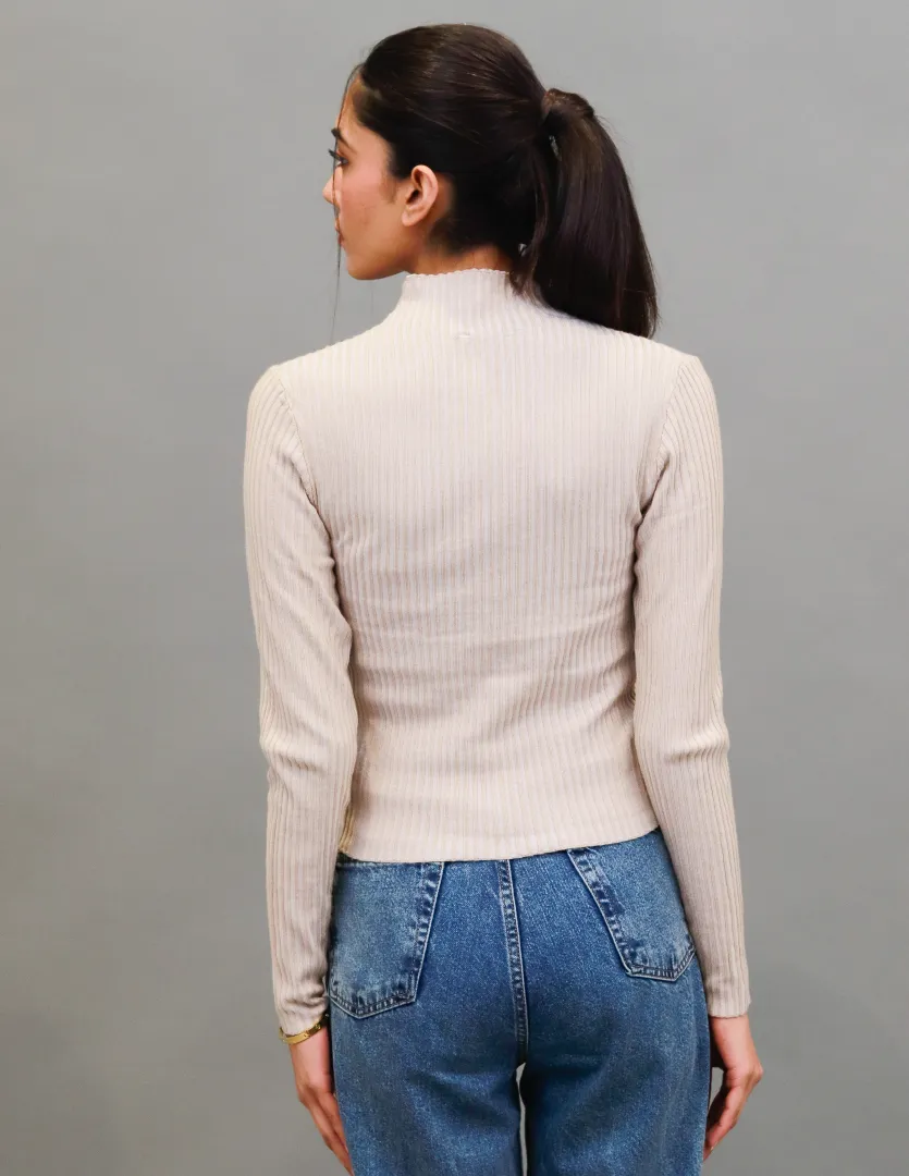 Women Beige Cut Out Turtleneck Crop