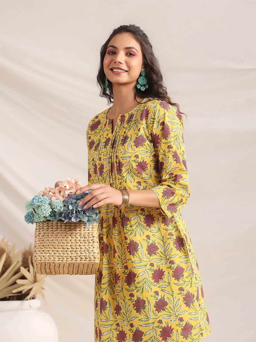 Yellow Cotton Floral Pleated Co-ord Set